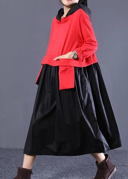 Classy hooded patchwork spring tunic dress Photography red black Art Dress