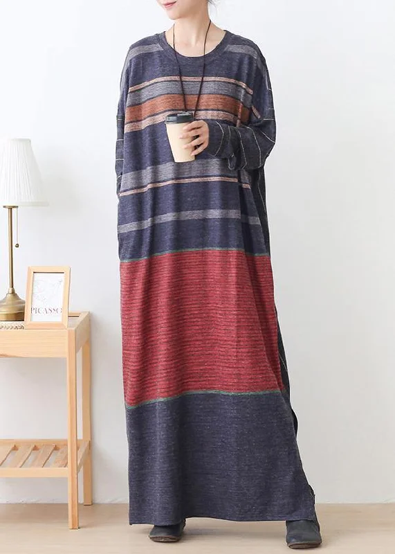 Elegant o neck side open cotton outfit Inspiration red striped Art Dresses