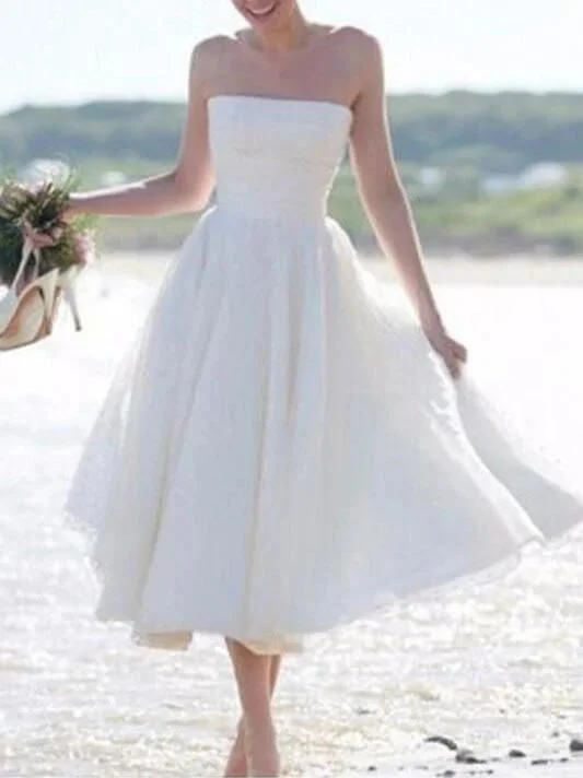 Simple A-Line Off-The-Shoulder Pleated Bridal Dresses,Cheap Tea-length Strapless Prom Dresses   cg10740