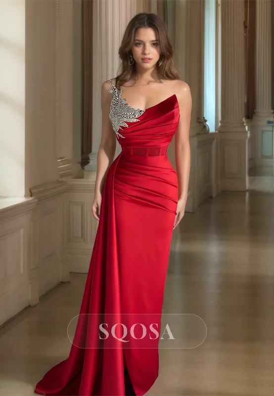 Scoop-Neck Off-Shoulder Sleeveless Beaded Pleated Satin Mermaid Prom Dress with Sweep Train Scoop-Neck Off-Shoulder Sleeveless Beaded Pleated Satin Mermaid Prom Dress with Sweep Train