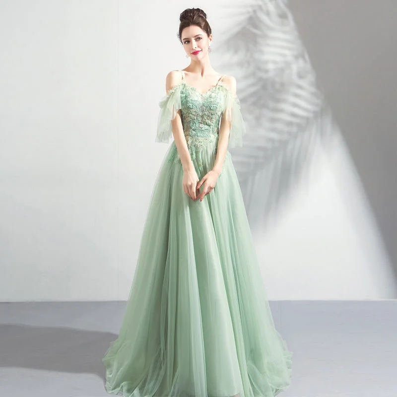 Green tulle lace long prom dress, evening dress c2898