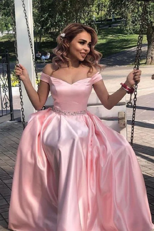 elegant off the shoulder satin pink long formal dress prom dress with beaded sash cg11297 elegant off the shoulder satin pink long formal dress prom dress with beaded sash cg11297