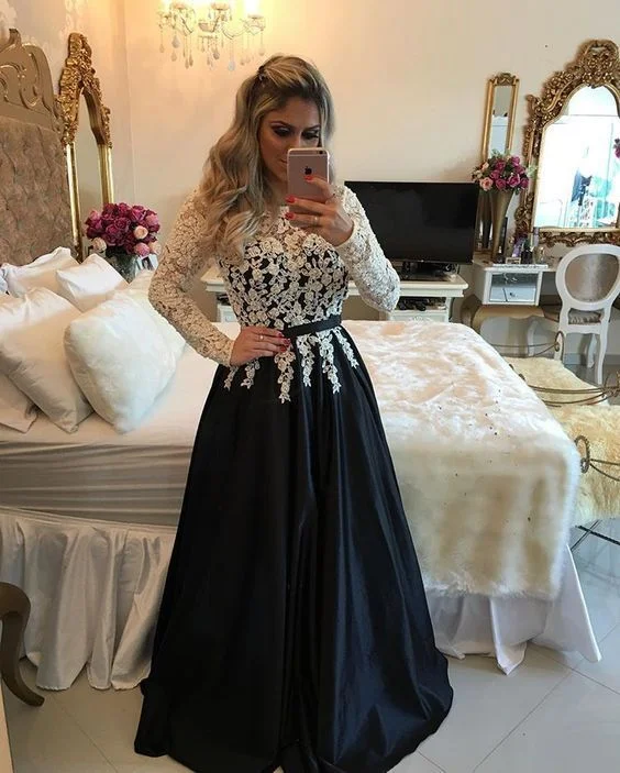 Ivory / Black Satin A Line Long Sleeve Prom Dress, Evening Gown With Lace Top cg11137 Ivory / Black Satin A Line Long Sleeve Prom Dress, Evening Gown With Lace Top cg11137