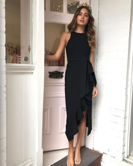 Sheath Round Neck Black Satin Irregular Hem Long Pencil Work Dresses Prom Dress cg10661 Sheath Round Neck Black Satin Irregular Hem Long Pencil Work Dresses Prom Dress cg10661