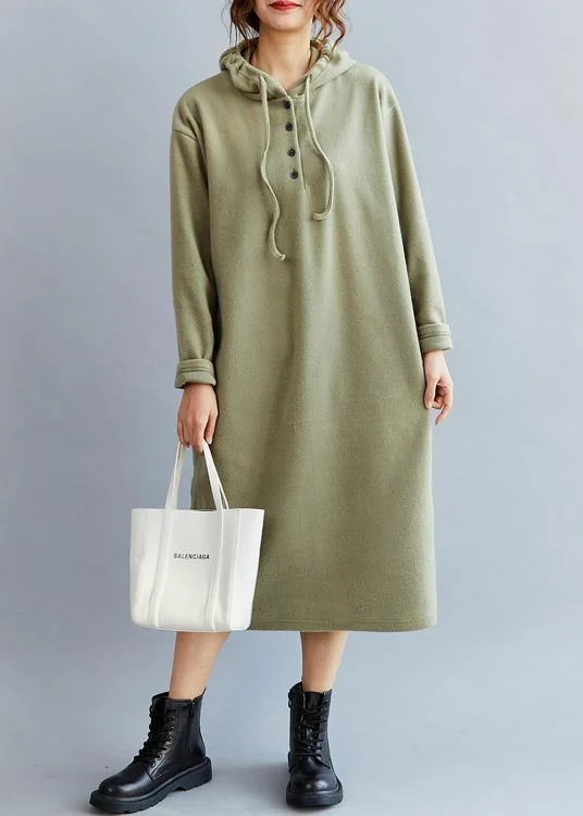 Handmade Drawstring Hooded  cotton Spring Dresses  Green long Dress