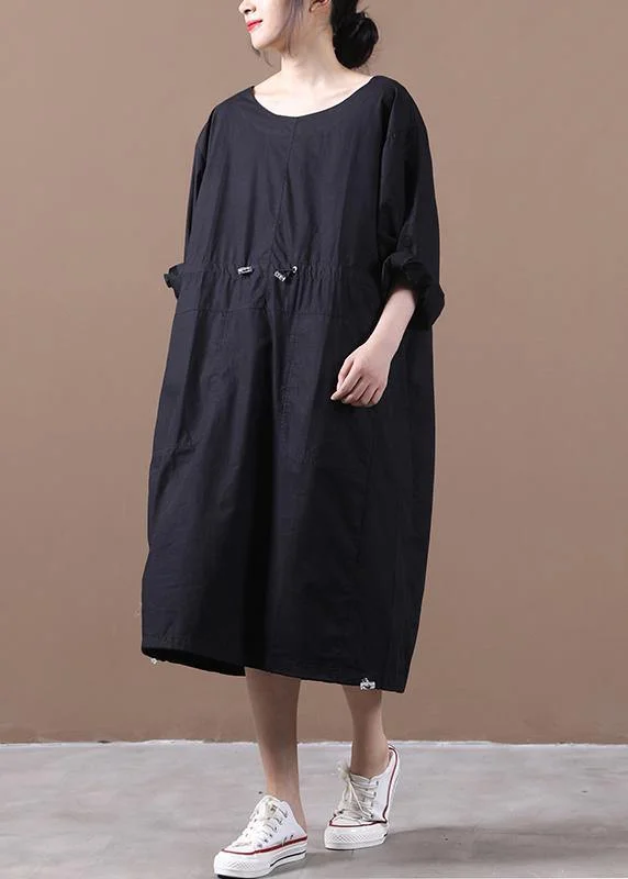 Elegant black quilting dresses o neck drawstring Kaftan spring Dresses