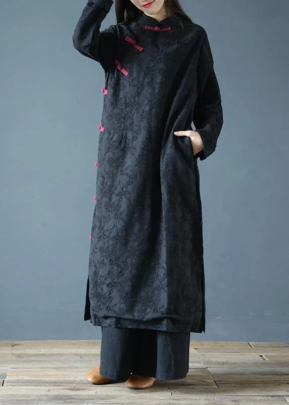 Simple black print clothes Women stand collar Chinese Button Kaftan Dresses