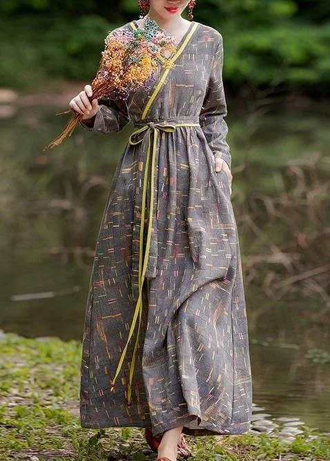 Natural gray print dress v neck pockets spring Dress