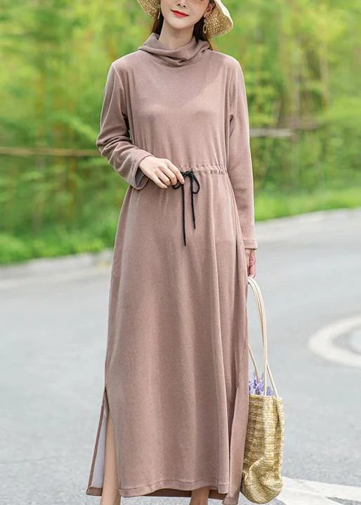 DIY Khaki Tunic Pattern High Neck Drawstring Spring Dresses