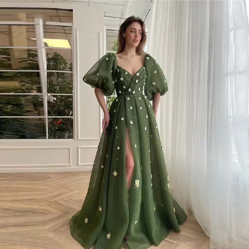 Sweet Princess Evening dress Grass green puffs sleeve Sweetheart 3D Slit A line floor-length ball birthday dress فستان حفلات الز