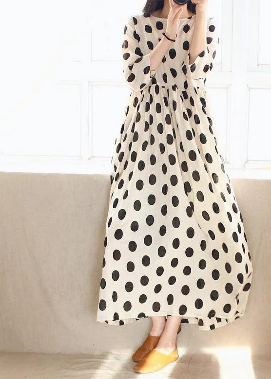 Women O Neck Cinched Wardrobes Design Beige Dotted A Line Dress
