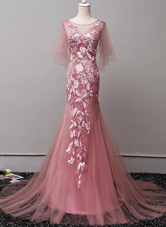 Dark Pink Tulle Mermaid Long Formal Dress With Floral Lace, Long Evening prom Dress cg11269 Dark Pink Tulle Mermaid Long Formal Dress With Floral Lace, Long Evening prom Dress cg11269
