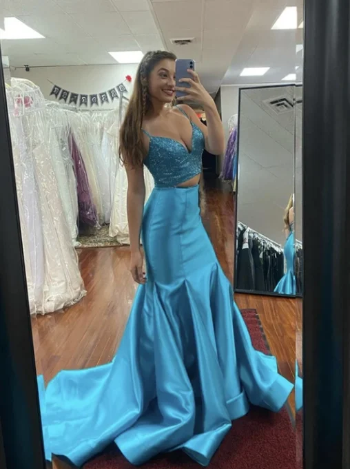 Blue satin prom dress two pieces evening dress   cg10941