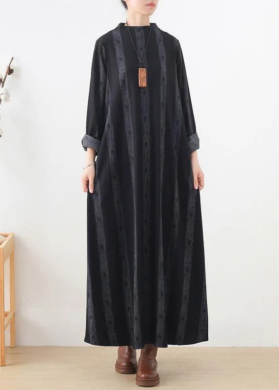 Unique stand collar pockets fall dresses Work black striped Dresses