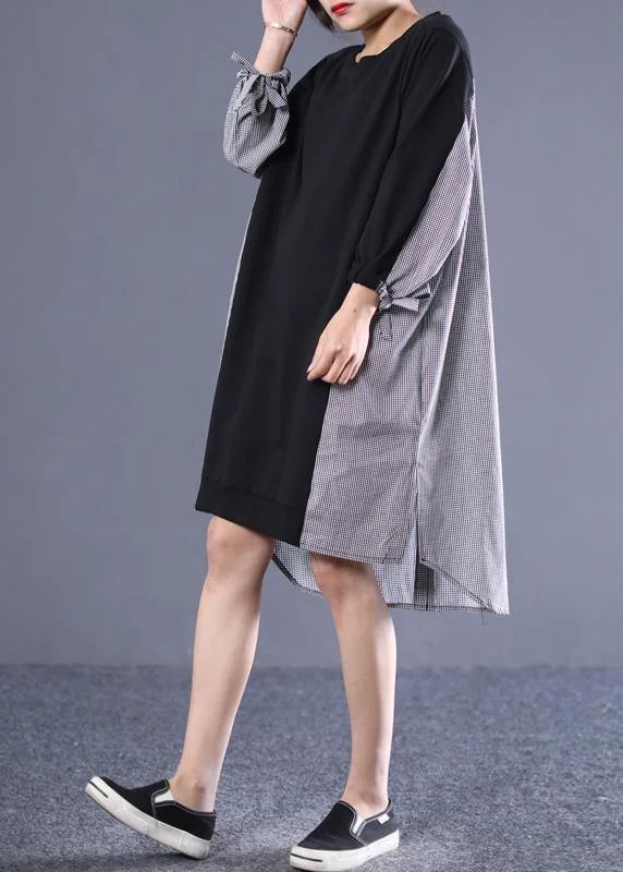 Women black plaid outfit o neck patchwork tunic Dresses
