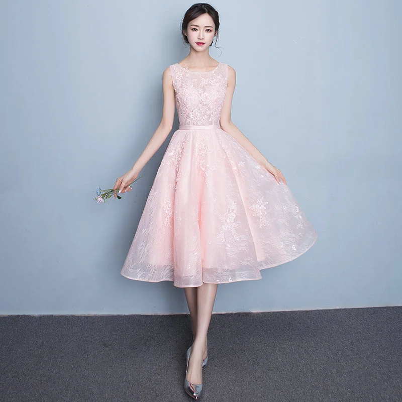Pink round neck lace short prom dress, lace evening dress c2697