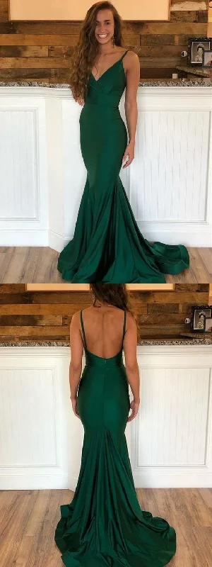 Emerald Green V Neck Mermaid Backless Long Prom Dresses with Sweep Train, Emerald Green Mermaid Formal Graduation Evening Dresses   cg10526