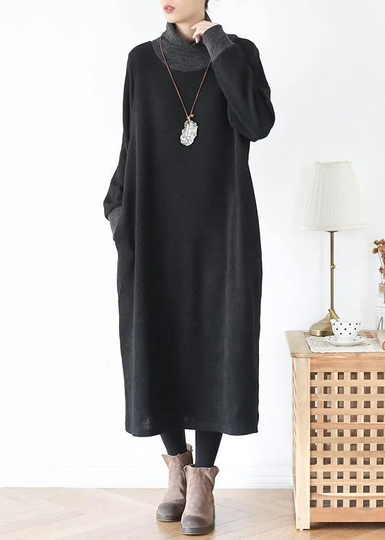 DIY high neck patchwork Tunics Inspiration black loose Dresses