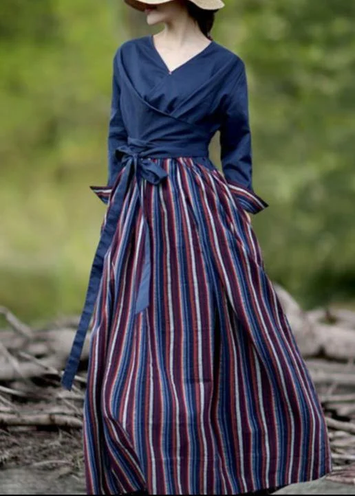 Elegant v neck patchwork striped spring quilting dresses Catwalk navy Dress