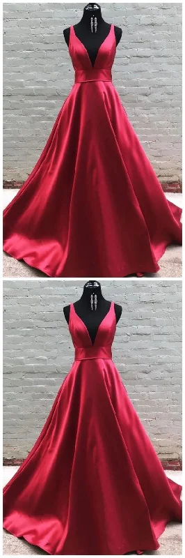 Simple V Neck Burgundy Satin Long Prom Dress   cg11220