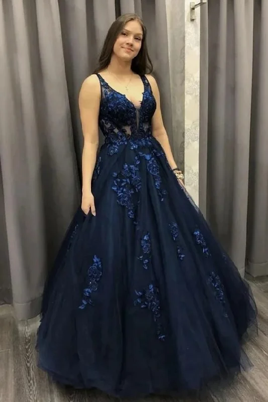 V Neck Dark Blue Long Prom Dress, Lace Applique Tulle Formal Dress    cg11012