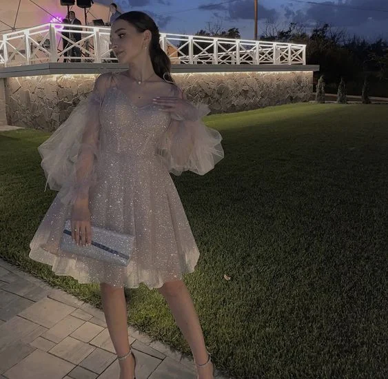 short evening dress with lantern sleeves, graduation dress sparkly homecoming dress c2591