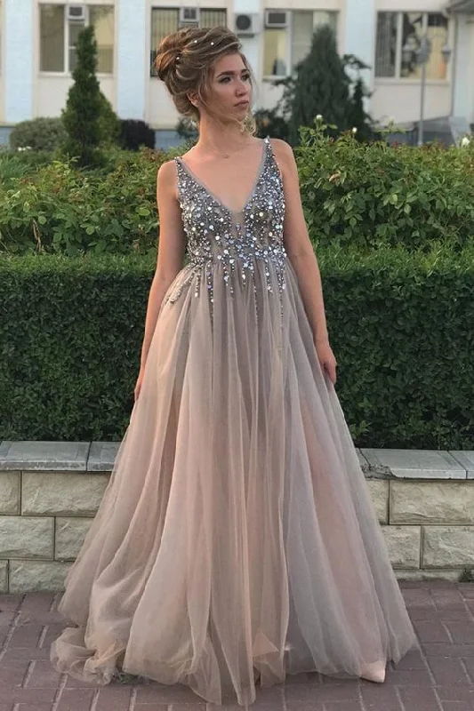 grey A-line tulle and v neck sequins long formal dress evening dress Prom Dress cg10989 grey A-line tulle and v neck sequins long formal dress evening dress Prom Dress cg10989