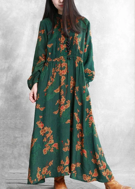 Bohemian stand collar Cinched quilting clothes Fabrics green print Kaftan Dresses