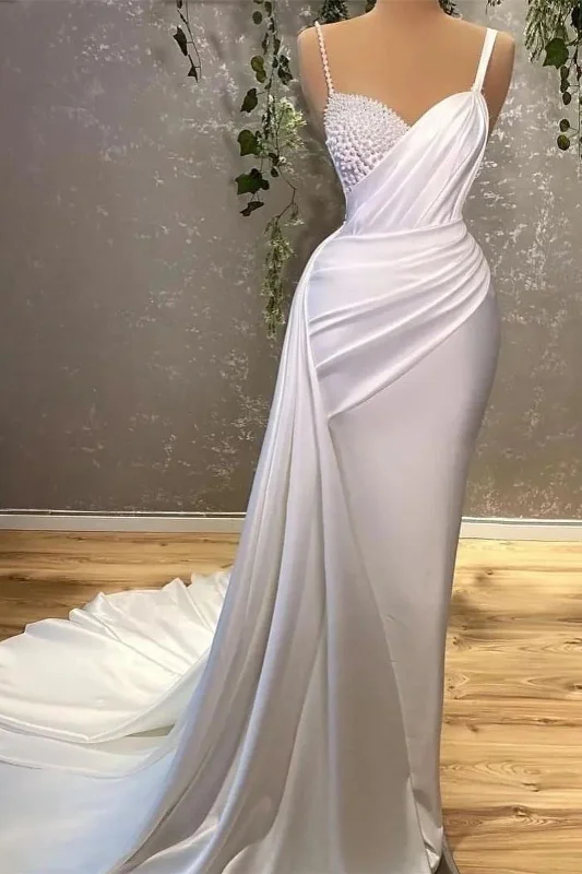 White Spaghetti Strap Mermaid Evening Dress Long With Pearls c2971