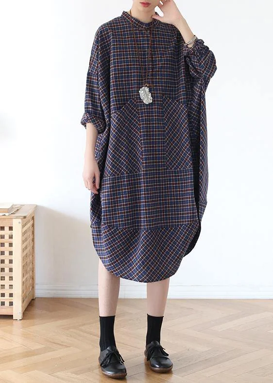 Elegant pockets fall clothes Women blue purple plaid loose Dresses