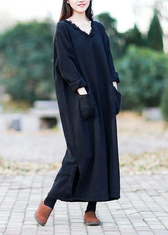 Beautiful v neck pockets fall clothes For Women Outfits black Kaftan Dress