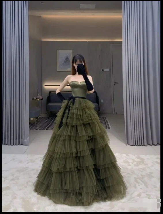 A-line Tulle Layered Long Prom Dress Corest Chic Formal Evening Dress c2869