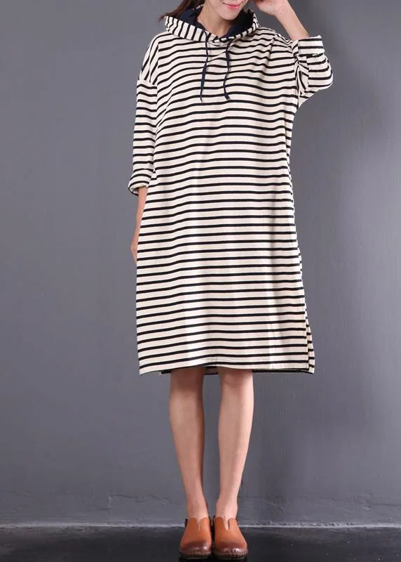Italian hooded drawstring linen spring dresses Ideas black striped Dresses