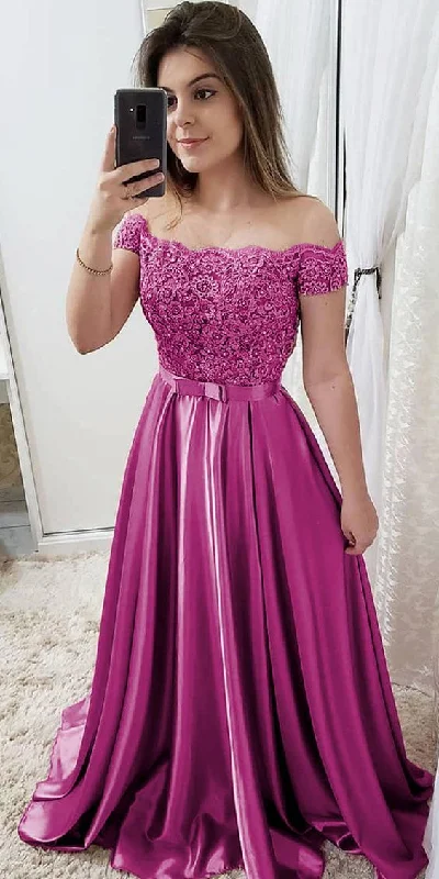 Chic Tulle & Satin Off-the-shoulder Neckline Floor-length prom dress With Beaded Lace Appliques & Bowknot cg10678 Chic Tulle & Satin Off-the-shoulder Neckline Floor-length prom dress With Beaded Lace Appliques & Bowknot cg10678