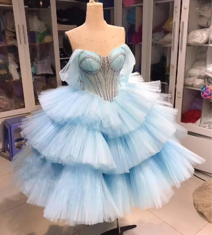 Fluffy Sky Blue Tulle Women Dresses To Birthday Party See Thru Coset Beaded Tulle Prom Gowns Sweatheart Ankle Length Tull Gowns Fluffy Sky Blue Tulle Women Dresses To Birthday Party See Thru Coset Beaded Tulle Prom Gowns Sweatheart Ankle Length Tull Gowns