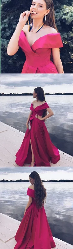 Elegant Off Shoulder Satin Front Slit Long Prom Dress, Evening Dress   cg10782