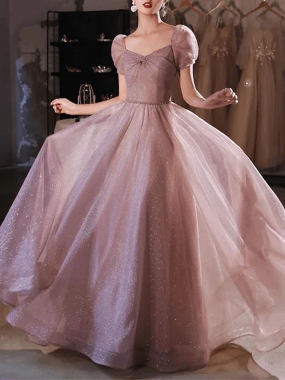 A-Line Beautiful Back Elegant Prom Formal Evening Dress Sweetheart Neckline Short Sleeve Floor Length  c2910