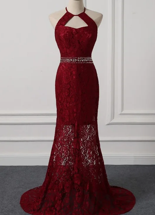 Beautiful Dark Red Lace Halter Beaded Evening Dress, Mermaid Prom Dress   cg10646