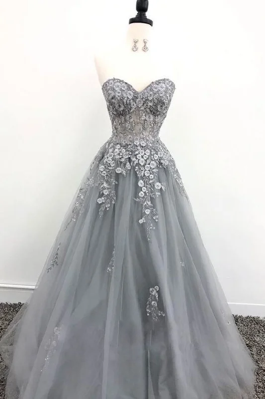 Grey Tulle Lace Appliques Long Prom Dress, Grey Evening Dress   cg10543