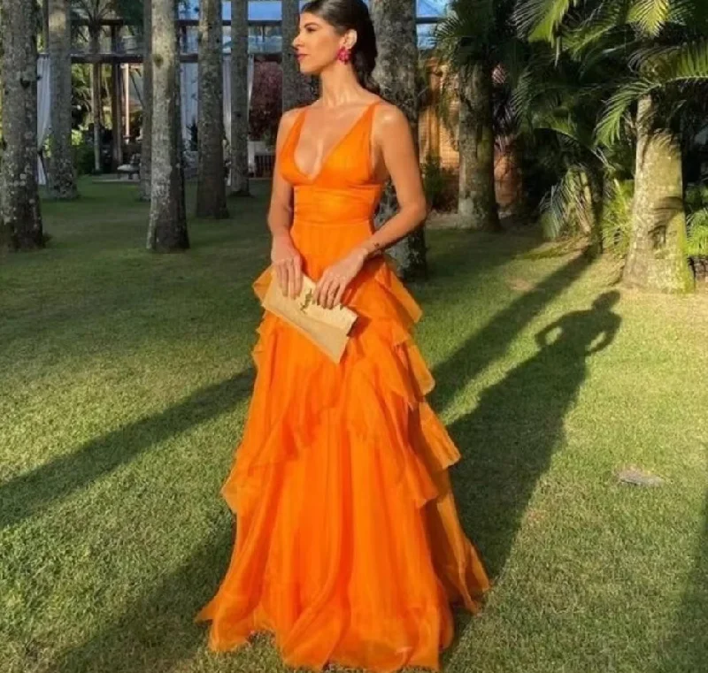 Sexy V-neck Prom Dressess A-Line Tiered Cocktail Evening Dress Orange Ladies Formal Sleeveless Gown Sexy V-neck Prom Dressess A-Line Tiered Cocktail Evening Dress Orange Ladies Formal Sleeveless Gown