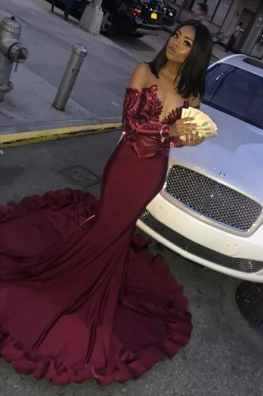 Sexy Burgundy Sequins Mermaid Prom Dresses | Cheap Long Sleeves Evening Dresses cg10947 Sexy Burgundy Sequins Mermaid Prom Dresses | Cheap Long Sleeves Evening Dresses cg10947