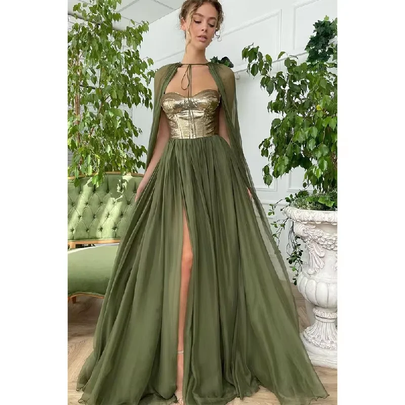 Green Organza High Split Evening Dress Cap Sweep Train Strapless Special Occasion Pretty Women Prom Dresses Formal Party Gown Green Organza High Split Evening Dress Cap Sweep Train Strapless Special Occasion Pretty Women Prom Dresses Formal Party Gown