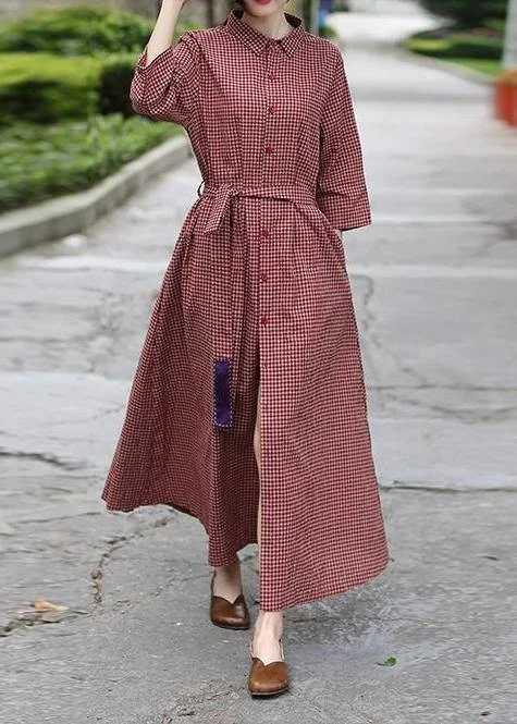 Classy lapel tie waist spring dresses Shape red plaid Dress