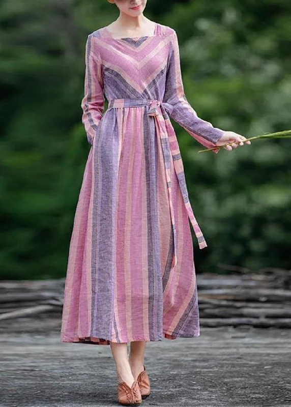 Style Square Collar tie waist spring Tunics Neckline striped Dress