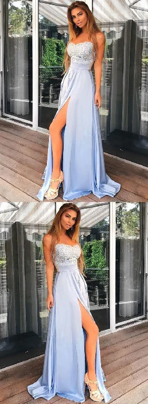 Light Blue Appliques Long Prom Dress, Slit Chiffon Evening Dress   cg10317