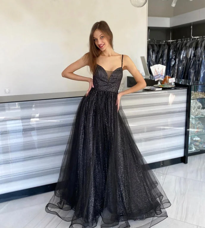 BLACK TULLE SEQUINS LONG PROM DRESS EVENING DRESS   cg10490