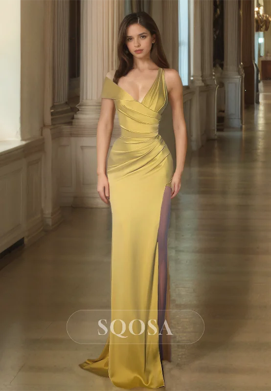 Deep V-Neck Straps Off-Shoulder Mermaid Prom Dress Pleated Sastin High Slit Evening Gowns Deep V-Neck Straps Off-Shoulder Mermaid Prom Dress Pleated Sastin High Slit Evening Gowns