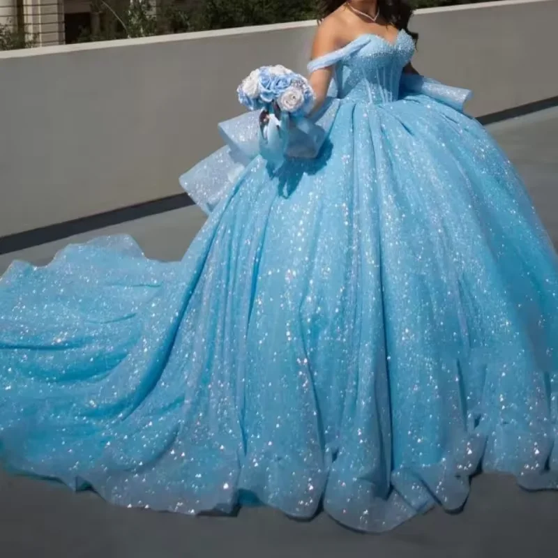 Baby Blue Glitter Ball Gown Quinceanera Dresses Sweet 16 Off The Shoulder Corset Vestido De 15 14 Anos Party Prom Baby Blue Glitter Ball Gown Quinceanera Dresses Sweet 16 Off The Shoulder Corset Vestido De 15 14 Anos Party Prom