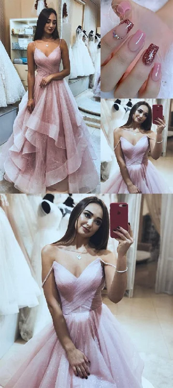 Pretty Tulle Pink V neck Long Prom Dresses with Straps   cg10711