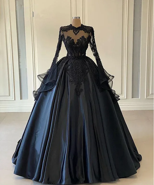 Puffy Ball Gown Women Long Sleeve Evening Dress Black Lace Twill Satin Beaded Dubai Style Formal Prom Dresses c3303 Puffy Ball Gown Women Long Sleeve Evening Dress Black Lace Twill Satin Beaded Dubai Style Formal Prom Dresses c3303
